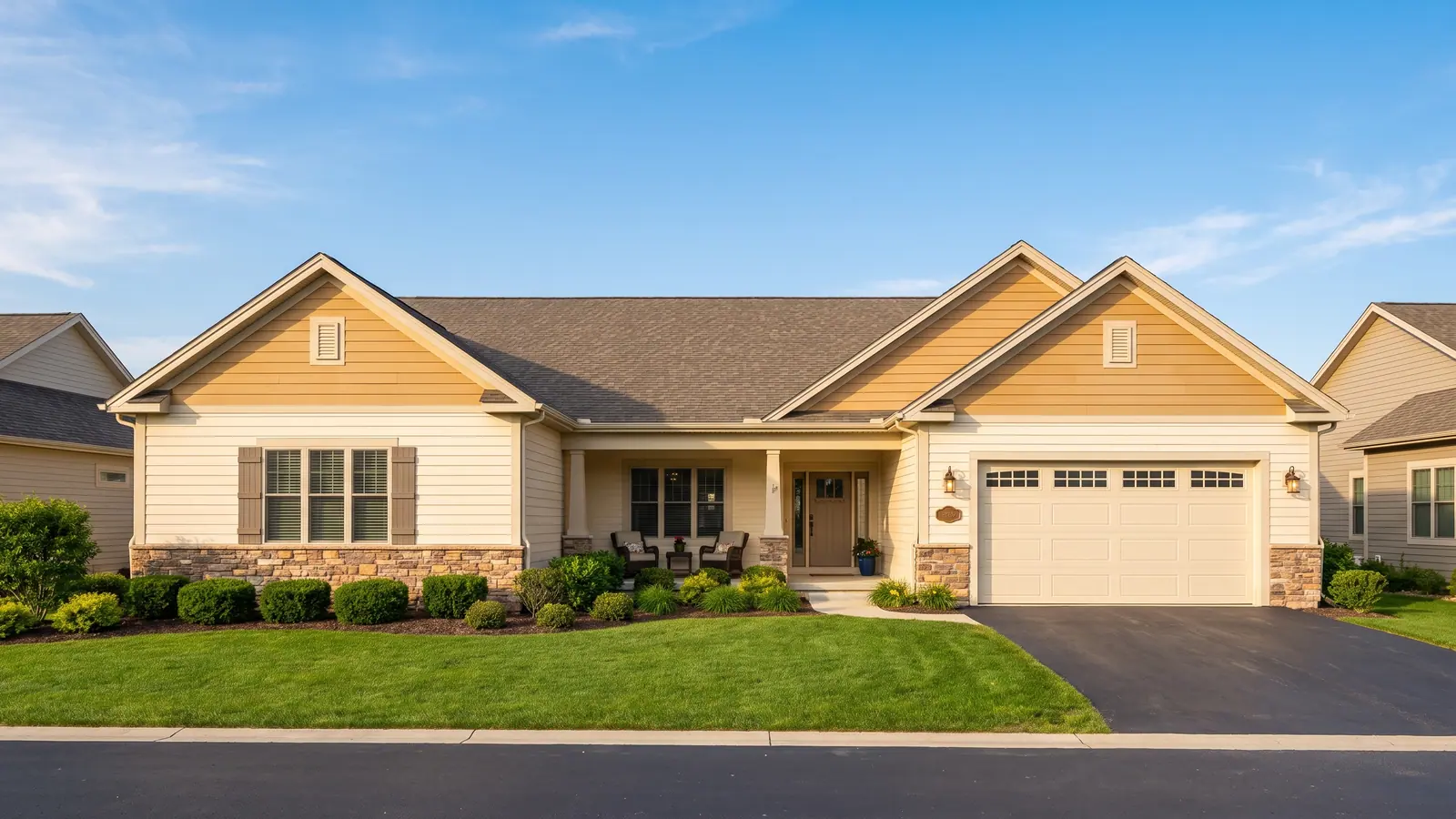 The sunlit front facade of a single-story patio home with a covered entry porch at a Mount Laurel, NJ active-adult community