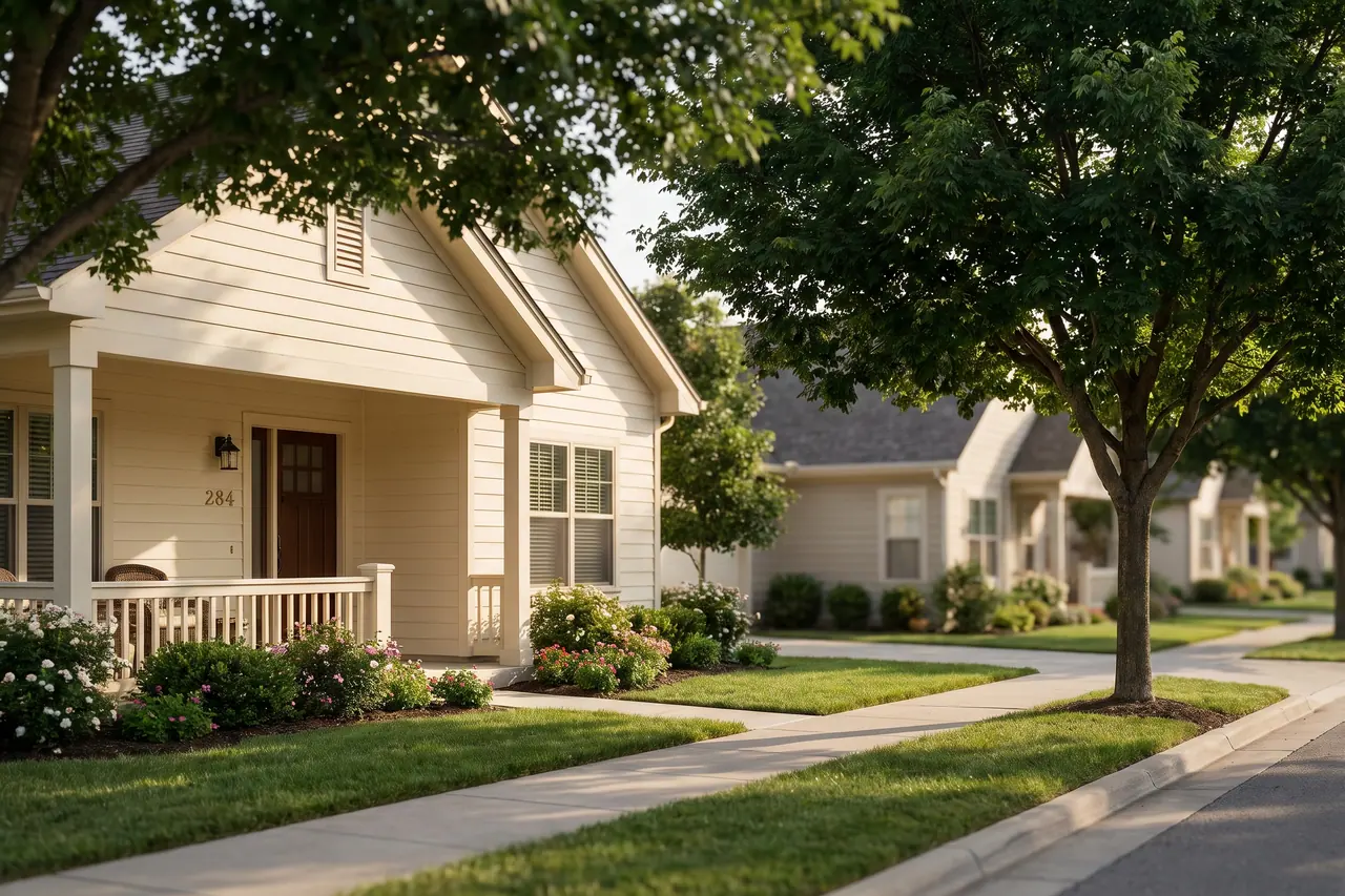 A sunlit street of single-story patio homes with mature trees in an active-adult community