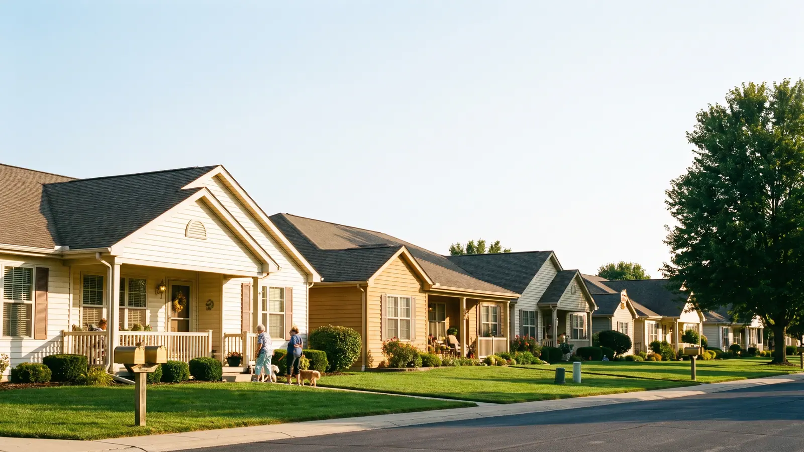 A row of one-story patio homes on a tree-lined street in an active-adult 55+ community